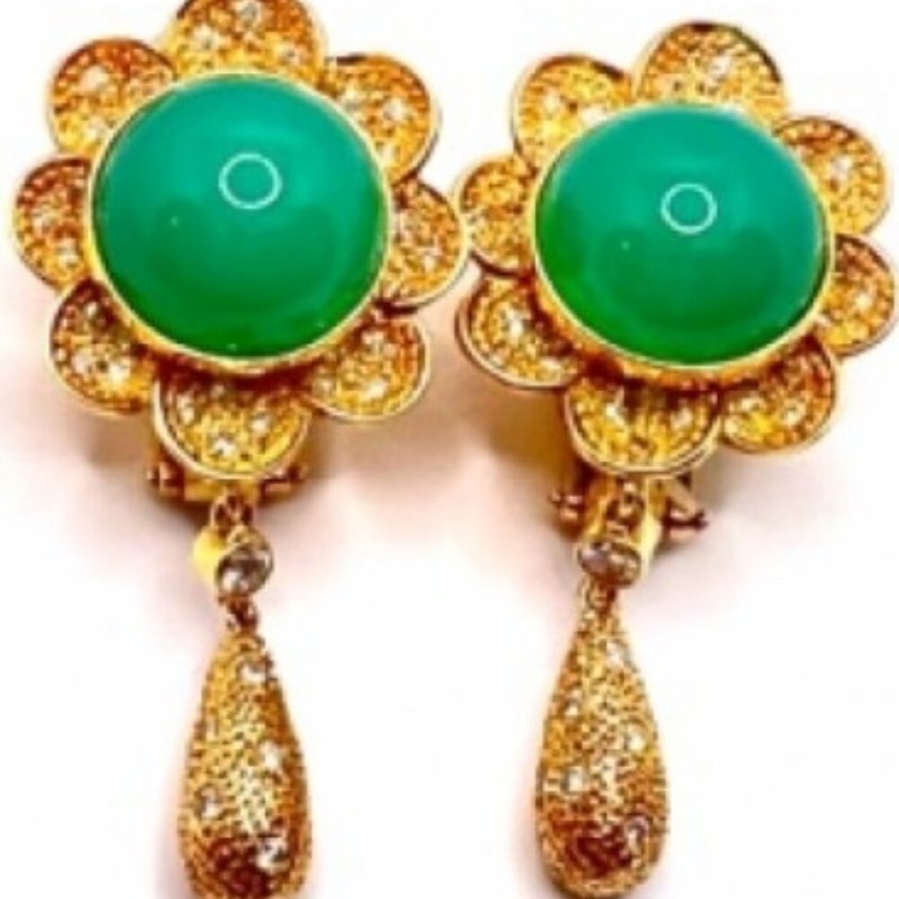 18K CACTUS Yellow Gold Chrysoprase 2 Carats of Diamonds  8.8798 Grams